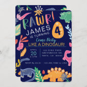 Fun Colorful Dinosaur Birthday Party Invitation Kaart (Voorkant / Achterkant)