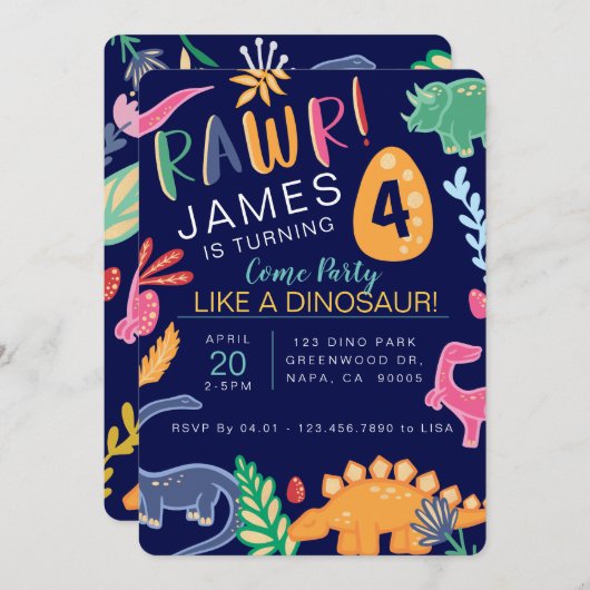 Fun Colorful Dinosaur Birthday Party Invitation Kaart (Voorkant / Achterkant)