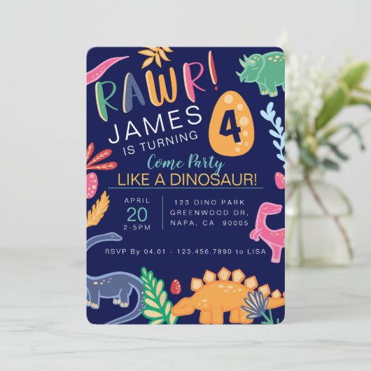 Fun Colorful Dinosaur Birthday Party Invitation Kaart (Staand voorkant)