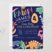 Fun Colorful Dinosaur Birthday Party Invitation Kaart (Voorkant)