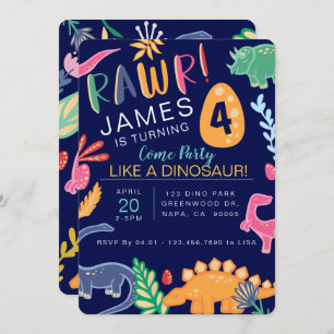 Fun Colorful Dinosaur Birthday Party Invitation Kaart