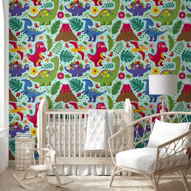 Fun Colorful Dinosaur Pattern Behang (Kinderen)