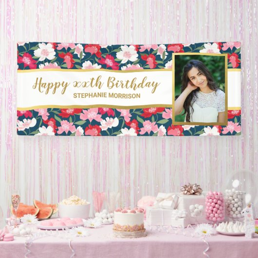 Fun Colorful Flowers, any Age, Your Photo Birthday Spandoek (Feest)