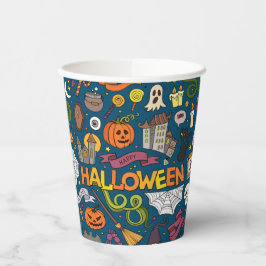 Fun Colorful Halloween Theme on Blue Paper Cups Papieren Bekers