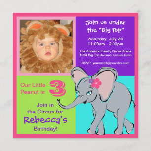 Fun Colorful Little Girl Elephant Photo Invitation Kaart