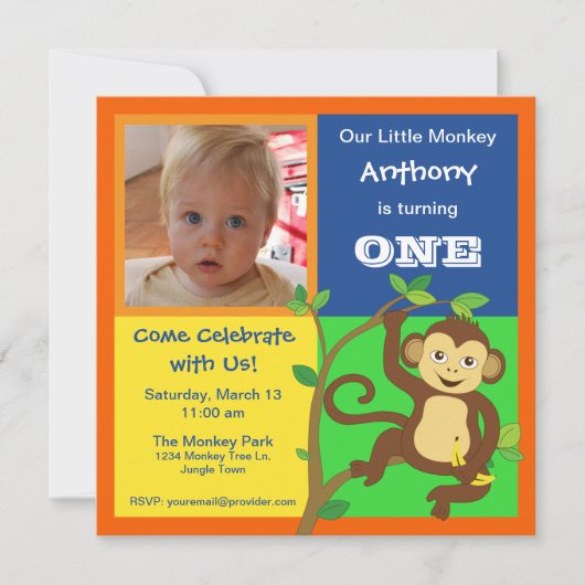 Fun Colorful Little Monkey Photo Invitation Kaart (Voorkant)