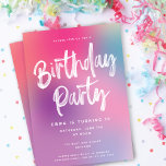 Fun Colorful Modern Kids Birthday Party Invitation Kaart<br><div class="desc">Deze moderne kinderverjaardagsfeestje nodigt een kleurrijke gradiëntachtergrond uit in tinten van roze, aqua en paars met wit borstelscript en moderne typografie. De witte groet van het borstelmanuscript zegt "Partij van de Dagen". U kunt de gradiëntachtergrond ook verwijderen en het vervangen door een stevige kleur van uw het kiezen. U kunt...</div>