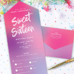 Fun Colorful Modern Sweet Sixteen Birthday Party All In One Uitnodiging<br><div class="desc">Deze moderne Sweet Zestien verjaardagsfeestje nodigt een kleurrijke gradiëntachtergrond in schaduwen van roze, aqua, en paars met wit borstelmanuscript en moderne typografie uit. De groet van het borstelmanuscript zegt "Zachte Zestien". De buitenkant van de uitnodiging kenmerkt de zelfde kleurrijke gradiënt. De buitenkant u met uw terugkeeradres en RSVP het postadres...</div>