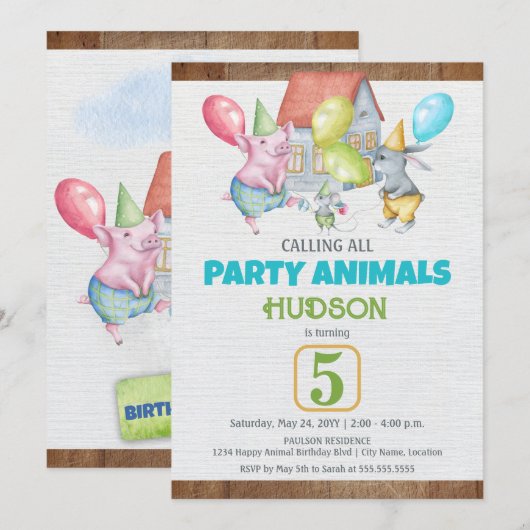 Fun Colorful Party Animals Boy Birthday Kaart (Voorkant / Achterkant)