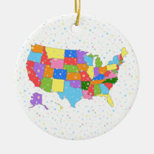 Fun Colorful Pastel Snowflakes and Map of the USA Keramisch Ornament
