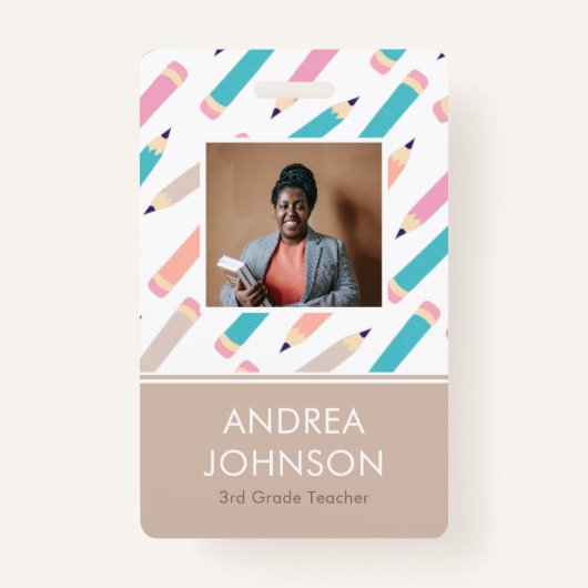 Fun Colorful Pencil Pattern Primary Teacher Photo Badge (Voorkant)