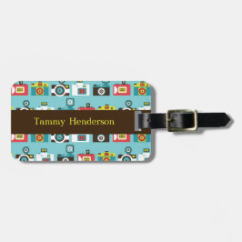 Fun Colorful Retro Lomo Cameras Pattern (Blauw) Bagagelabel
