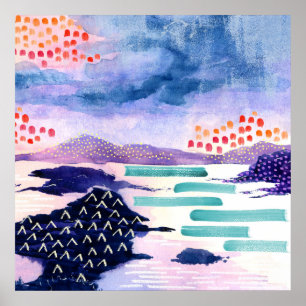 Fun Colorful Scottish Loch Waterverf Poster