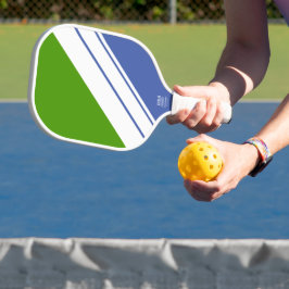 Fun Colorful Sporty Lime Green White Blue Stripes Pickleball Paddle