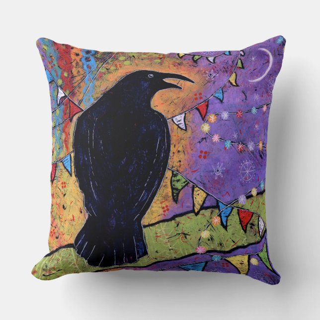 Fun Colorful Whimsical Raven Bird Sierkussen (Voorkant)