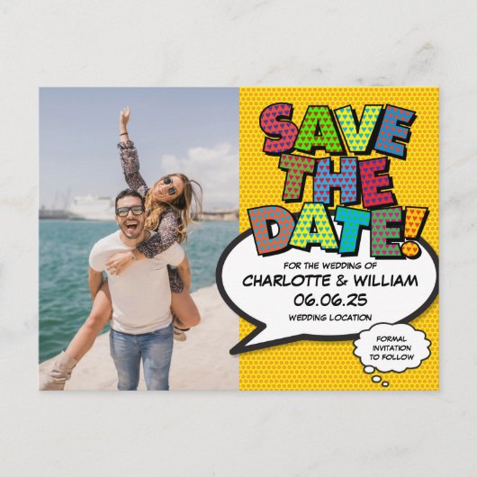 Fun Comic Book Save the Date Photo Aankondigingskaart (Voorkant)
