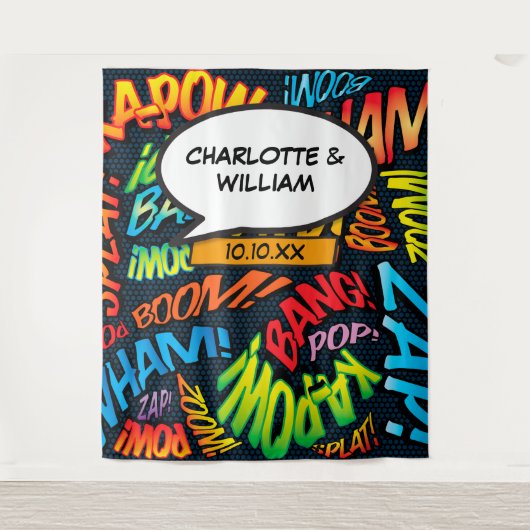 Fun Comic Book Weddenschap Foto Booth Backdrop Wandkleed (Voorkant)