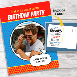 Fun Comic Style Any Age Birthday Party BBQ Blue Briefkaart