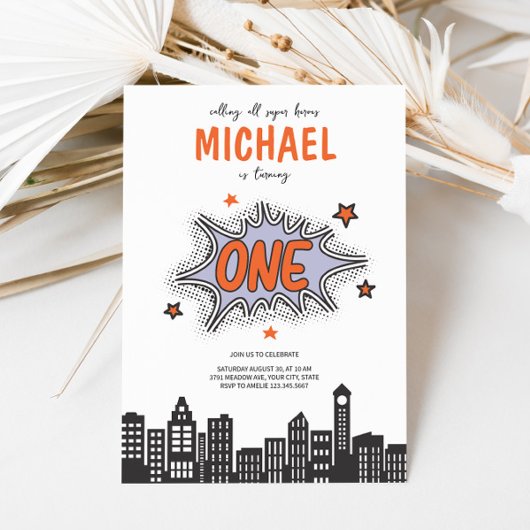 Fun Comics Book Superhero 1e Verjaardag Uitnodigin Kaart