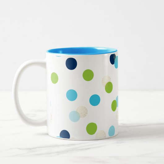 FUN CONFETTI SPOTS leuke leuke retro aqua navy lim Tweekleurige Koffiemok (Links)