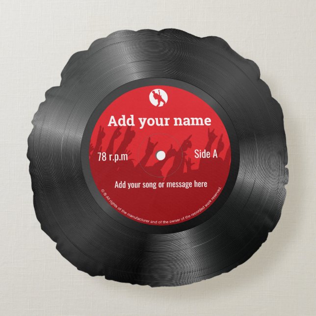 Fun cool custom text retro  vinyl record, rond kussen (Voorkant)