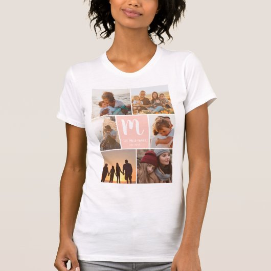 Fun cool family monogram 6 foto collage grid t-shirt (Voorkant)