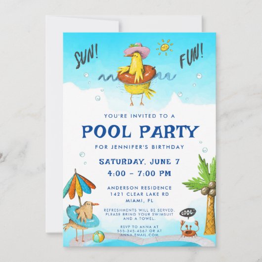 Fun Cool Pool Party Birthday Kaart (Voorkant)