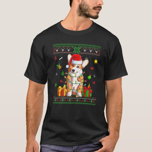 Fun Corgi Dog Santa Hat Light Ugly kerstpuppy T-shirt (Voorkant)