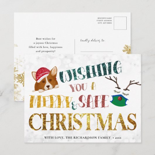 Fun Corgi Wishing Merry and Safe Kerstmis Simple Feestdagenkaart (Voorkant / Achterkant)