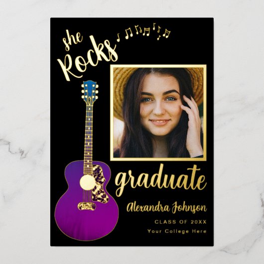 Fun Country Music Graduation Party Zwart en Goud Folie Uitnodiging (Voorkant)