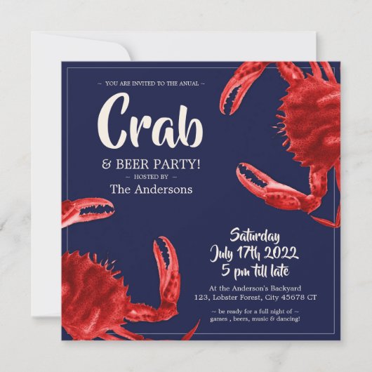 Fun Crab Boil Dark Blue Summer Party - Aangepast Kaart (Voorkant)