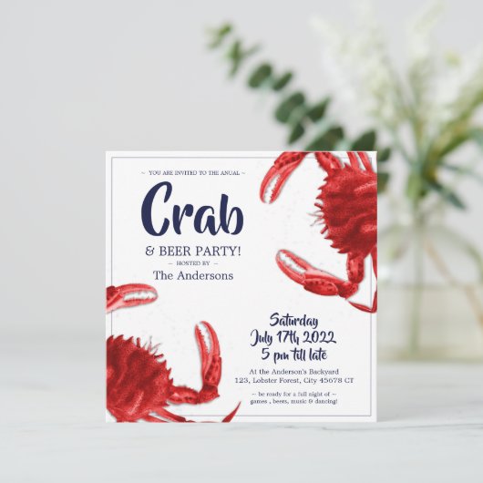 Fun Crab Boil White Summer Party Aangepaste Uitnod Kaart (Staand voorkant)