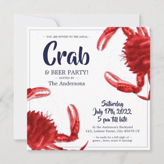Fun Crab Boil White Summer Party Aangepaste Uitnod Kaart (Voorkant)