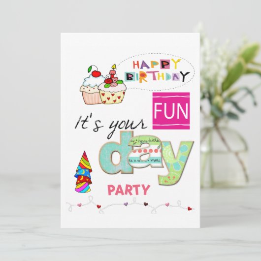 FUN Cupcake Happy Birthday uitnodiging (Staand voorkant)