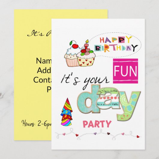 FUN Cupcake Happy Birthday uitnodiging (Voorkant / Achterkant)