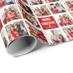 Fun Custom 8 x Photo Grid Merry Kerstry Cadeaupapier