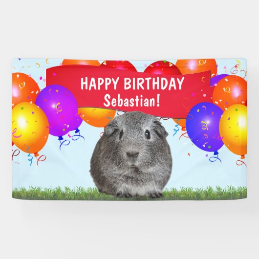 Fun Custom Happy Birthday Balloons Gray Guinee Pig Spandoek (Horizontaal)