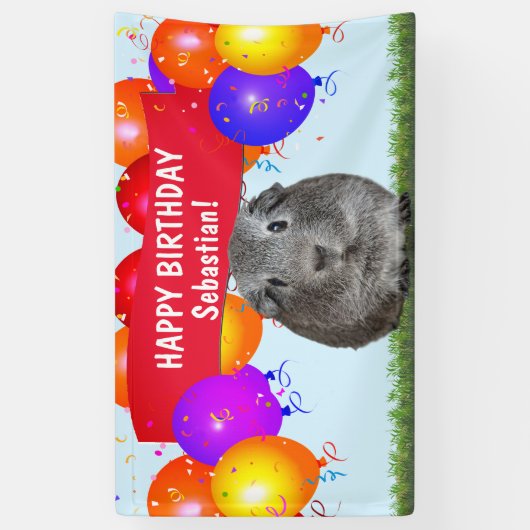 Fun Custom Happy Birthday Balloons Gray Guinee Pig Spandoek (Verticaal)