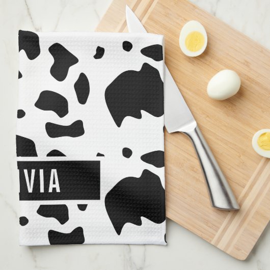 Fun Custom Name Holstein Koe Animal Print Patroon Theedoek (Quarter Fold)