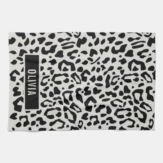 Fun Custom Name Snow Leopard Animal Print Patroon Theedoek (Horizontaal)