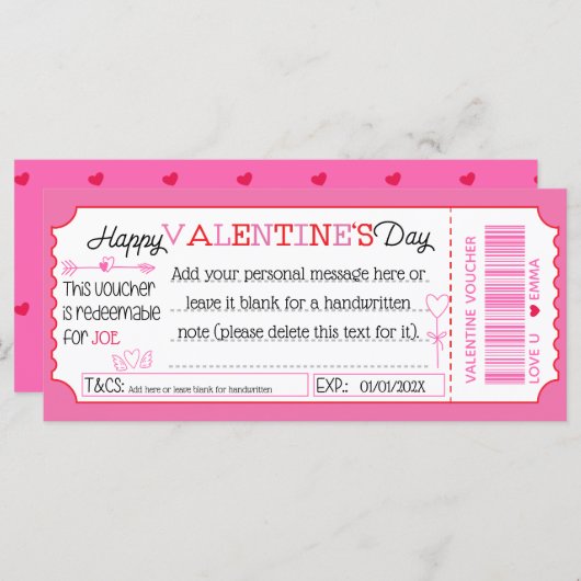 Fun Custom Valentijnsdag Kaart as Gift Voucher (Voorkant / Achterkant)