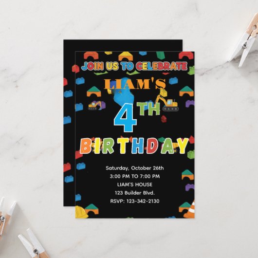 Fun Customizable Construction Birthday Invitation Kaart (Voorkant / Achterkant in situ)