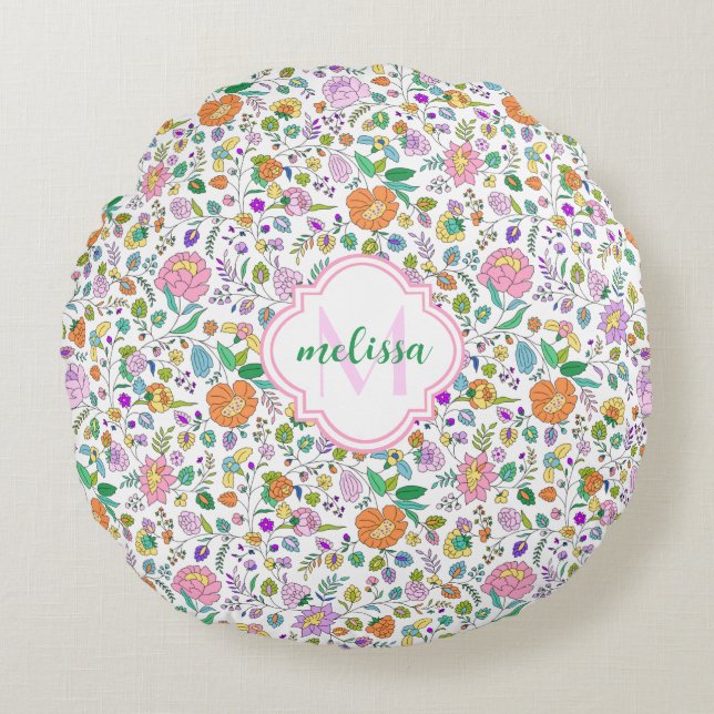 Fun Cute Botanical Colorful Floral Monogram Rond Kussen (Voorkant)