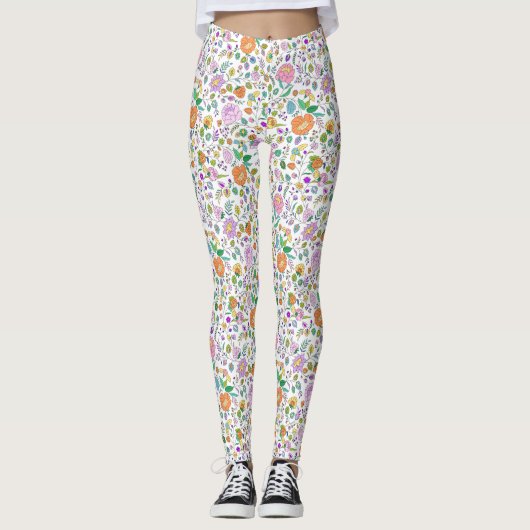 Fun Cute Botanical Colorful Floral Pattern Leggings (Voorkant)