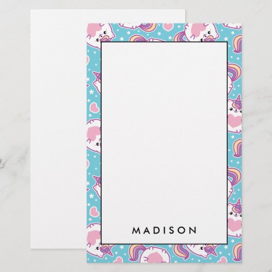 Fun Cute Chubby Kitschy Unicorn Kat Briefpapier (Voorkant / Achterkant)