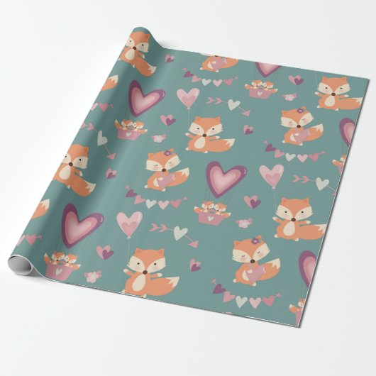 Fun Cute Fox Hearts Valentijnsdag Cadeaupapier (Uitgerold)
