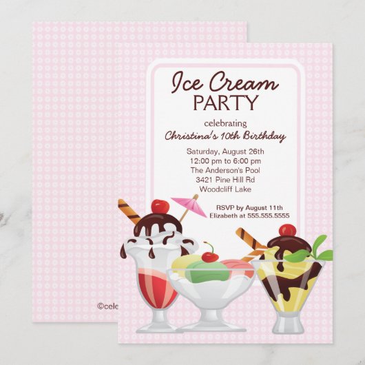 Fun Cute Ice Cream Sundae Birthday Party Kaart (Voorkant / Achterkant)