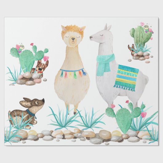 Fun Cute Llama, Dog, Owl Blauwgroen woestijn Cadeaupapier (Vlak)