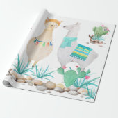 Fun Cute Llama, Dog, Owl Blauwgroen woestijn Cadeaupapier (Uitgerold)