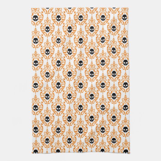 Fun Cute Oranje Black Halloween Skull Theedoek (Verticaal)